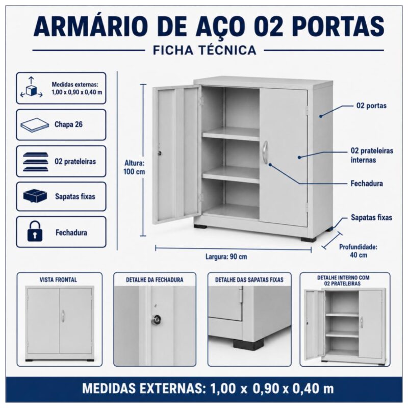 Armário de Aço PA-100 com 2 Prateleiras 100 cm
