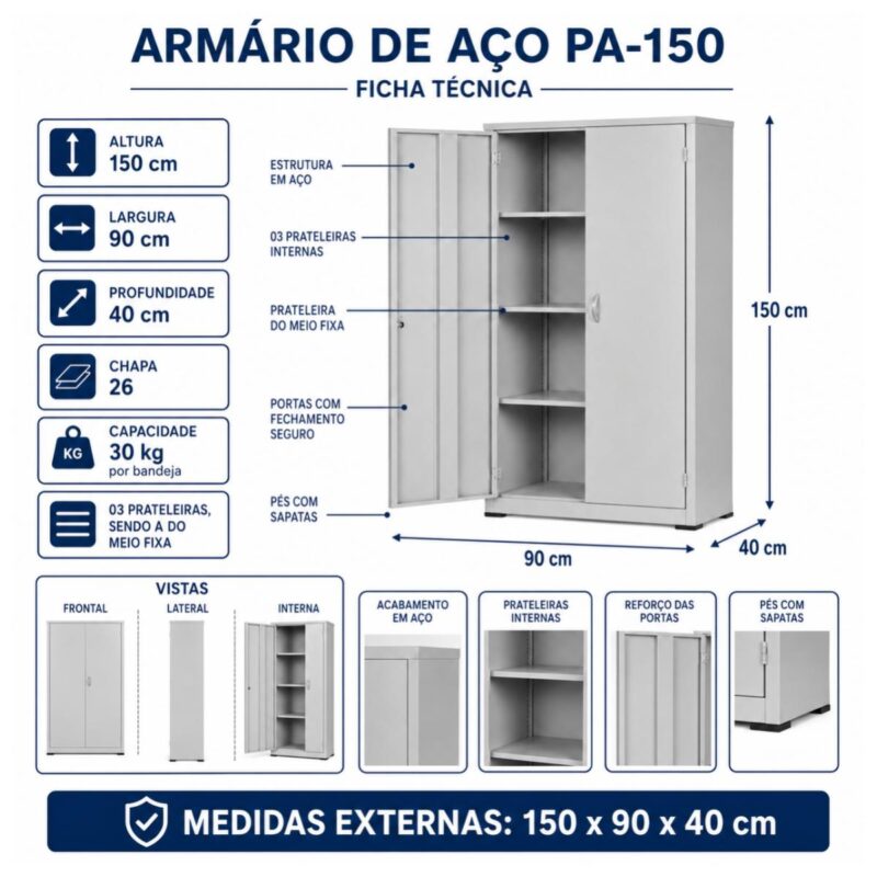 Armário de Aço PA-150 com 3 Prateleiras 150 cm