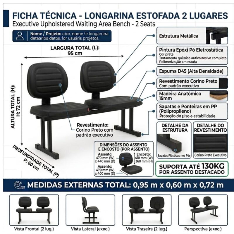 Longarina Estofada Executiva 2 Lugares para Recepção