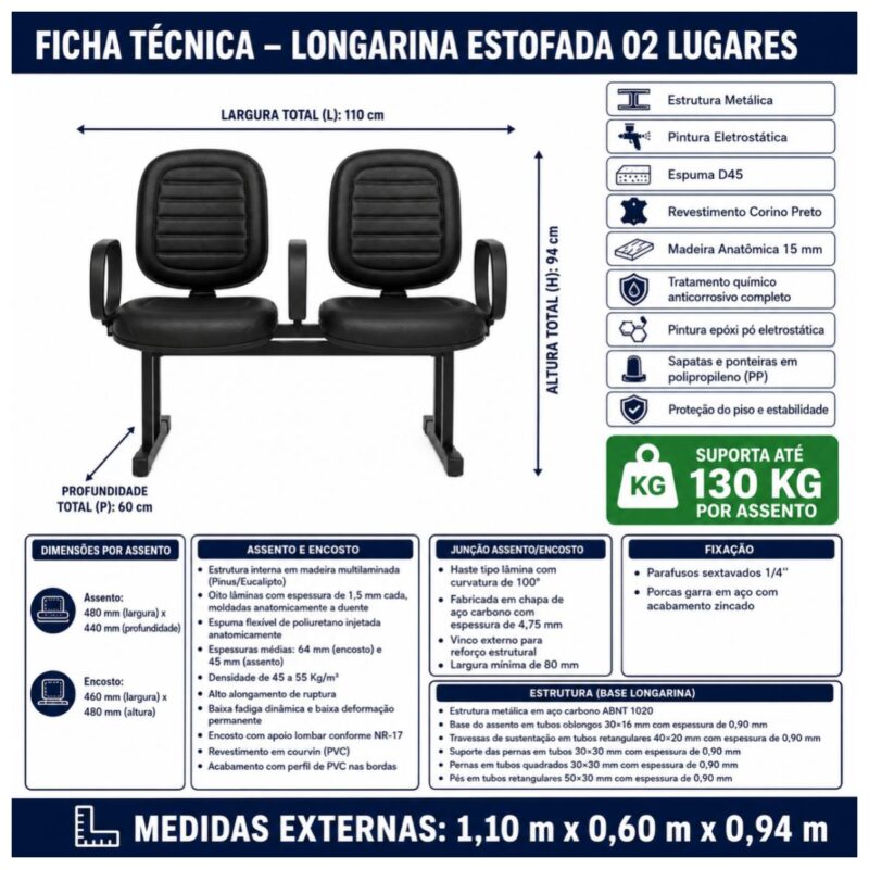 Longarina Diretor 2 Lugares Estofada 130 kg