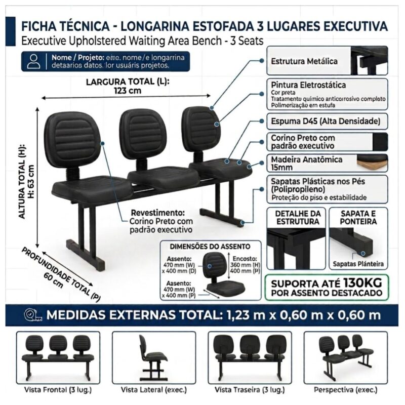 Longarina Executiva 3 Lugares Estofada para Recepção