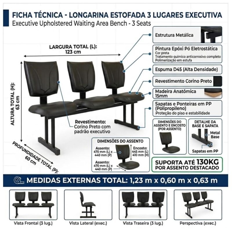 Longarina Estofada Executiva 3 Lugares para Recepção