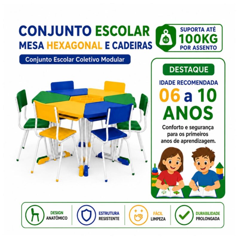 Conjunto Escolar Modular Juvenil com 6 Lugares e Mesas Trapezoidais