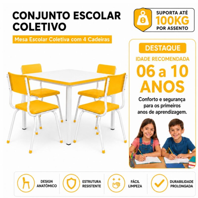 Conjunto Escolar Coletivo 6 a 10 anos com Mesa Quadrada e 4 Lugares