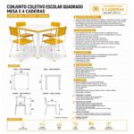Conjunto Escolar Coletivo 6 a 10 anos com Mesa Quadrada e 4 Lugares
