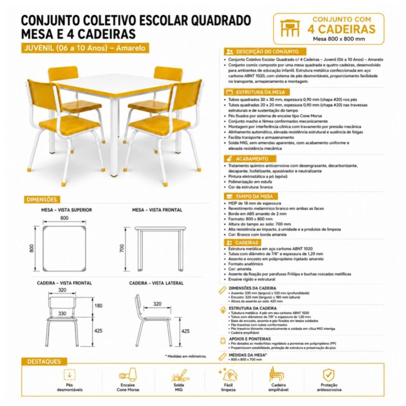 Conjunto Escolar Coletivo 6 a 10 anos com Mesa Quadrada e 4 Lugares