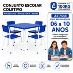 Conjunto Escolar Coletivo 6 a 10 anos com Mesa Quadrada e 4 Lugares