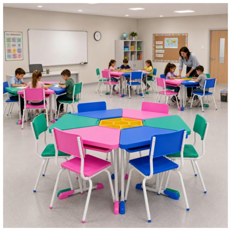 Conjunto Escolar Modular Juvenil com 6 Lugares e Mesas Trapezoidais