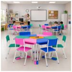 Conjunto Escolar Modular Juvenil com 6 Lugares e Mesas Trapezoidais