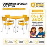 Conjunto Escolar Coletivo 6 a 10 anos com Mesa Quadrada e 4 Lugares