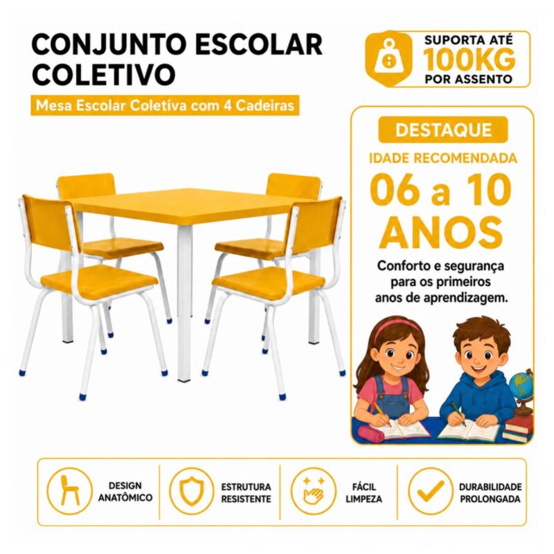 Conjunto Escolar Coletivo 6 a 10 anos com Mesa Quadrada e 4 Lugares