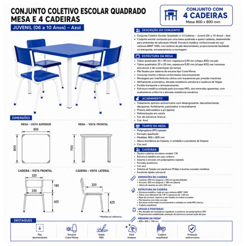 Conjunto Escolar Coletivo 6 a 10 anos com Mesa Quadrada e 4 Lugares
