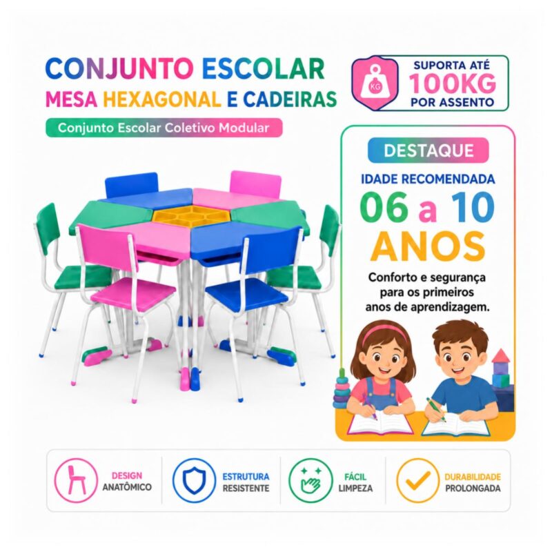 Conjunto Escolar Modular Juvenil com 6 Lugares e Mesas Trapezoidais