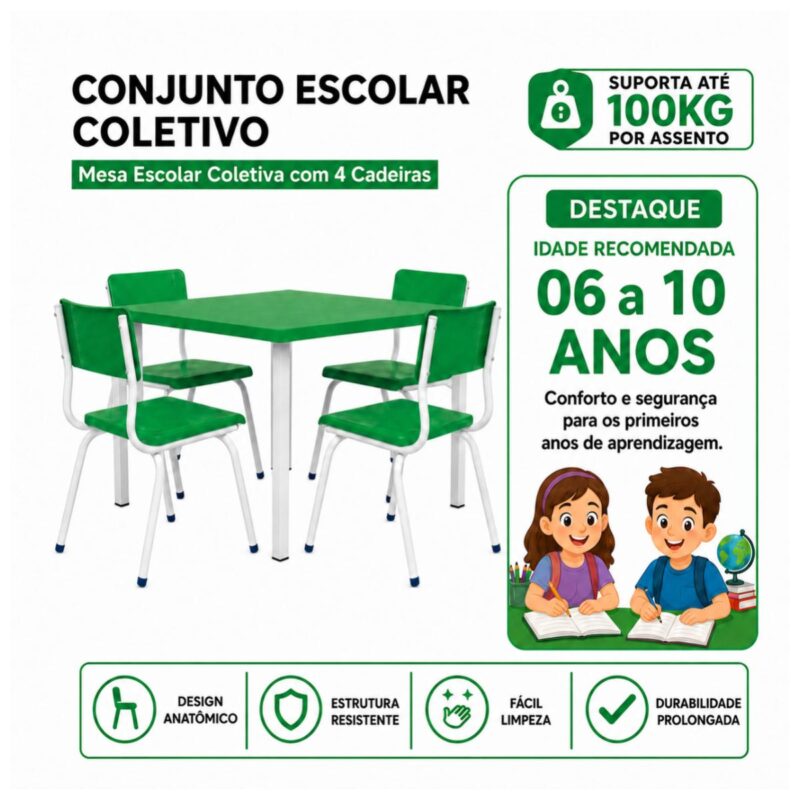 Conjunto Escolar Coletivo 6 a 10 anos com Mesa Quadrada e 4 Lugares