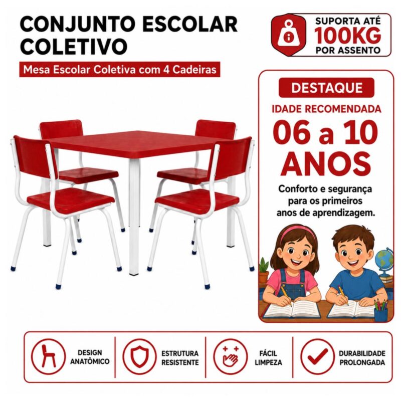 Conjunto Escolar Coletivo 6 a 10 anos com Mesa Quadrada e 4 Lugares