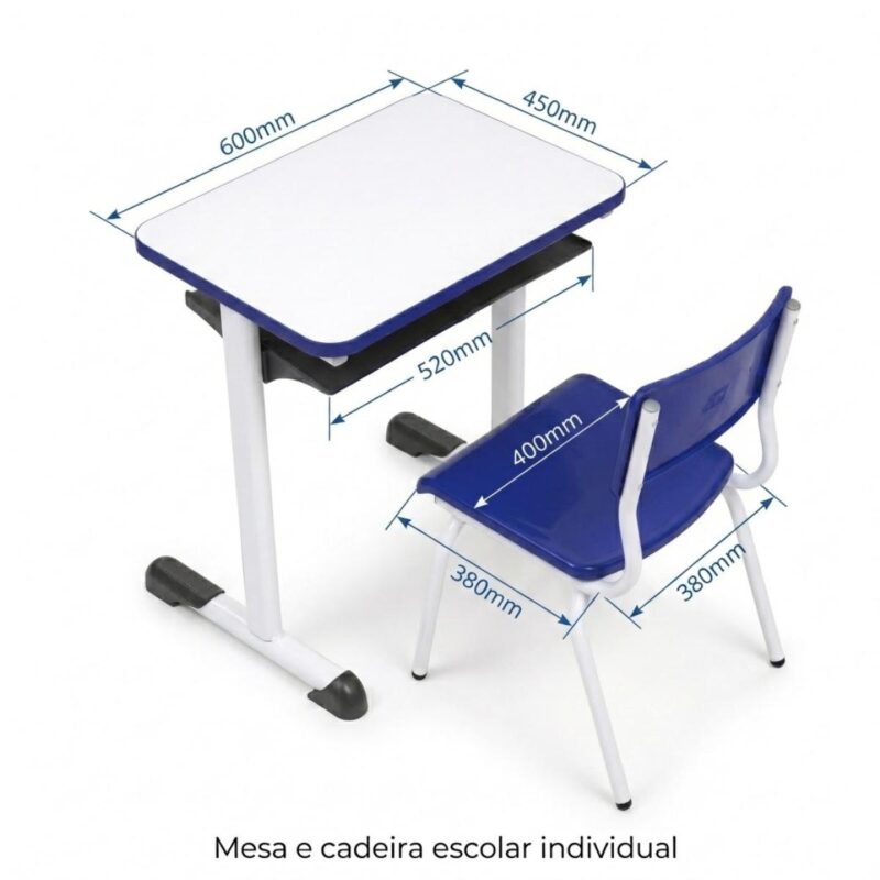 Conjunto Escolar Azul com Mesa e Cadeira 06 a 10 Anos