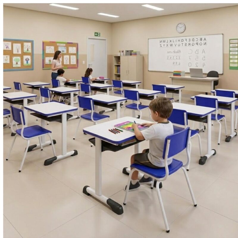 Conjunto Escolar Azul com Mesa e Cadeira 03 a 06 Anos