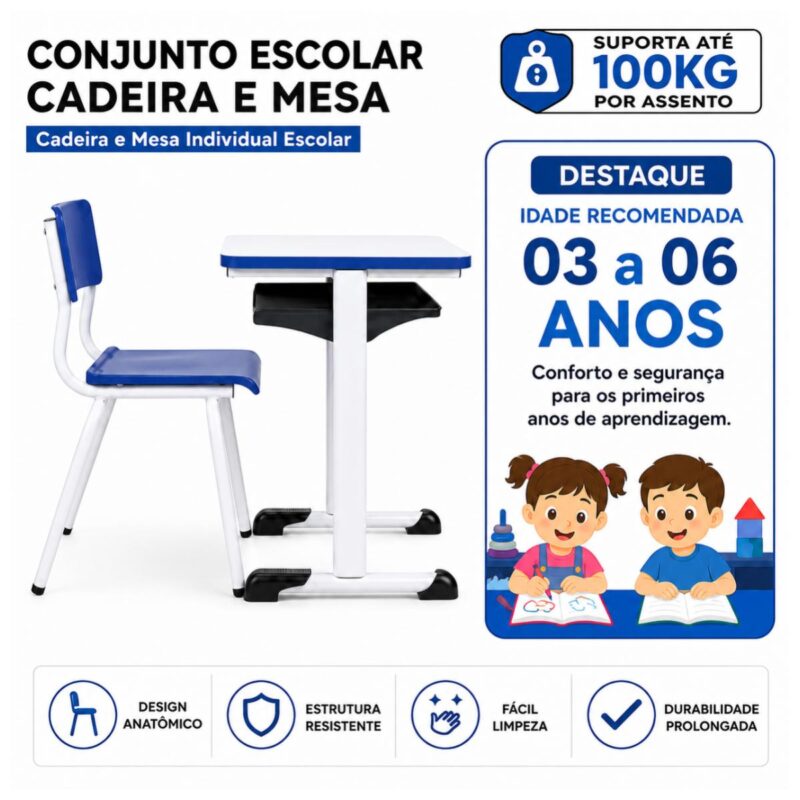 Conjunto Escolar Azul com Mesa e Cadeira 03 a 06 Anos