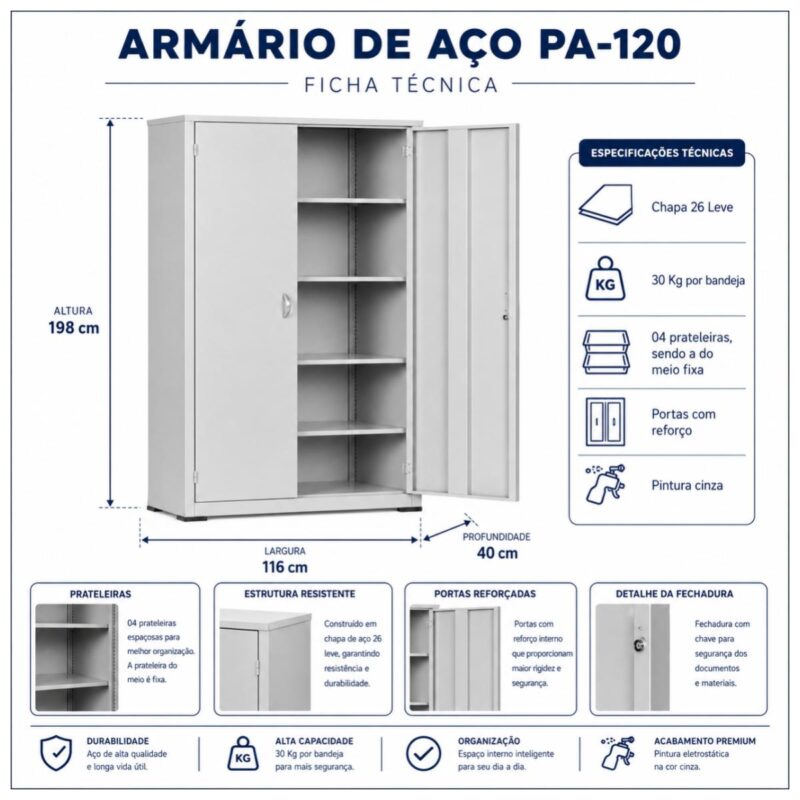 Armário de Aço PA-120 Chapa 26 com 4 Prateleiras