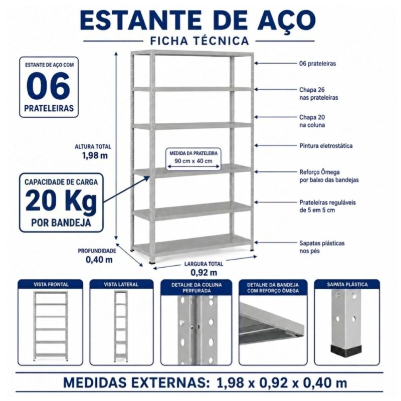 Móveis de Aço para Escritório Estante de Aço 1,98x0,92x0,40m com 6 Prateleiras Reguláveis 20kg