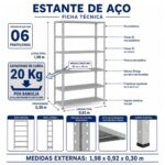 Móveis de Aço para Escritório Estante de Aço 1,98x0,92x0,30m com 6 Prateleiras Reguláveis 20kg