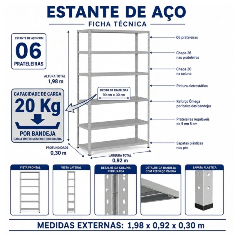 Móveis de Aço para Escritório Estante de Aço 1,98x0,92x0,30m com 6 Prateleiras Reguláveis 20kg
