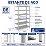 Móveis de Aço para Escritório Estante de Aço 1,98x0,92x0,59m com 6 Prateleiras Reguláveis 50kg