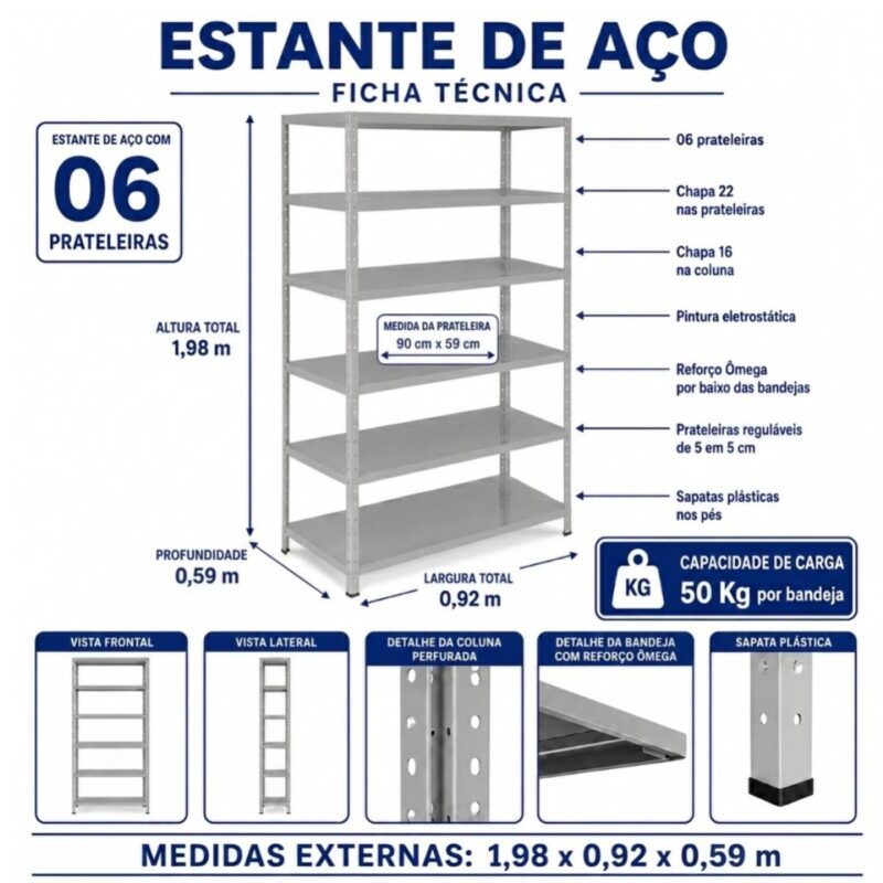 Móveis de Aço para Escritório Estante de Aço 1,98x0,92x0,59m com 6 Prateleiras Reguláveis 50kg