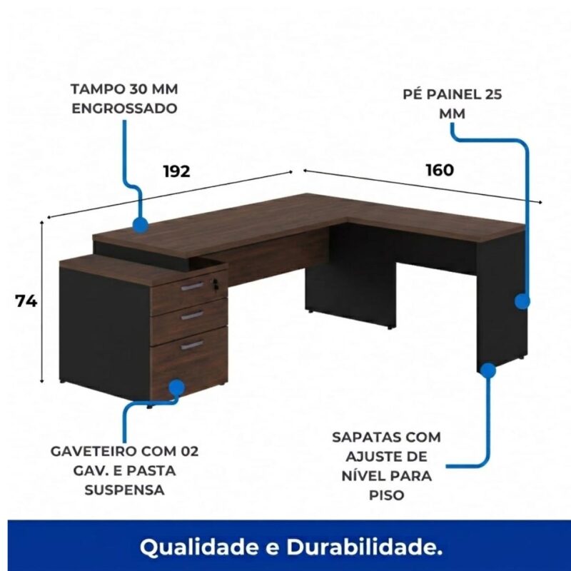 Móveis para Escritório Mesa para Escritório em L Executiva 192cm com 3 Gavetas