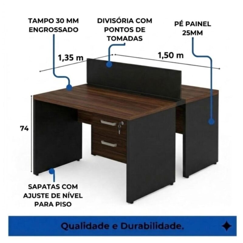 Móveis para Escritório Mesa Dupla Escritório 150mm com Gaveteiro e Chave