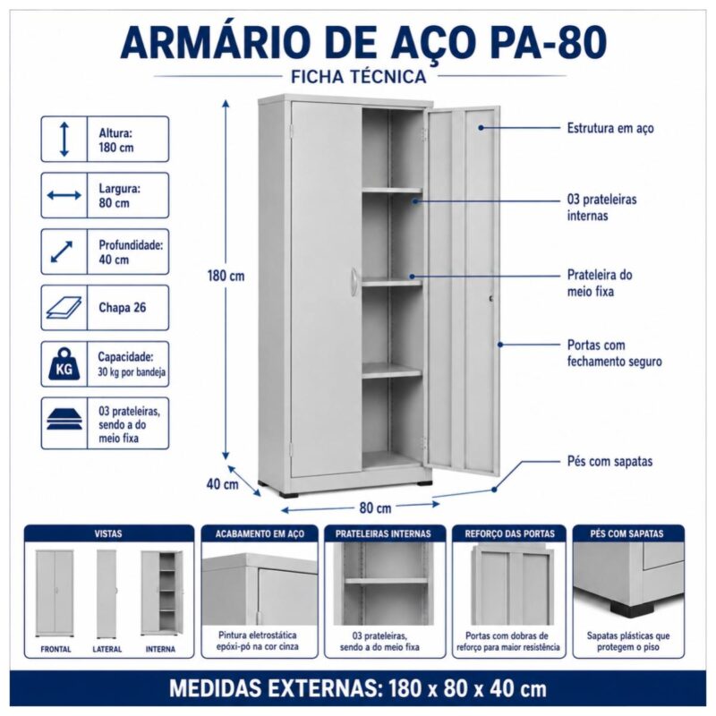 Armário de Aço PA-80 com 3 Prateleiras 180 cm
