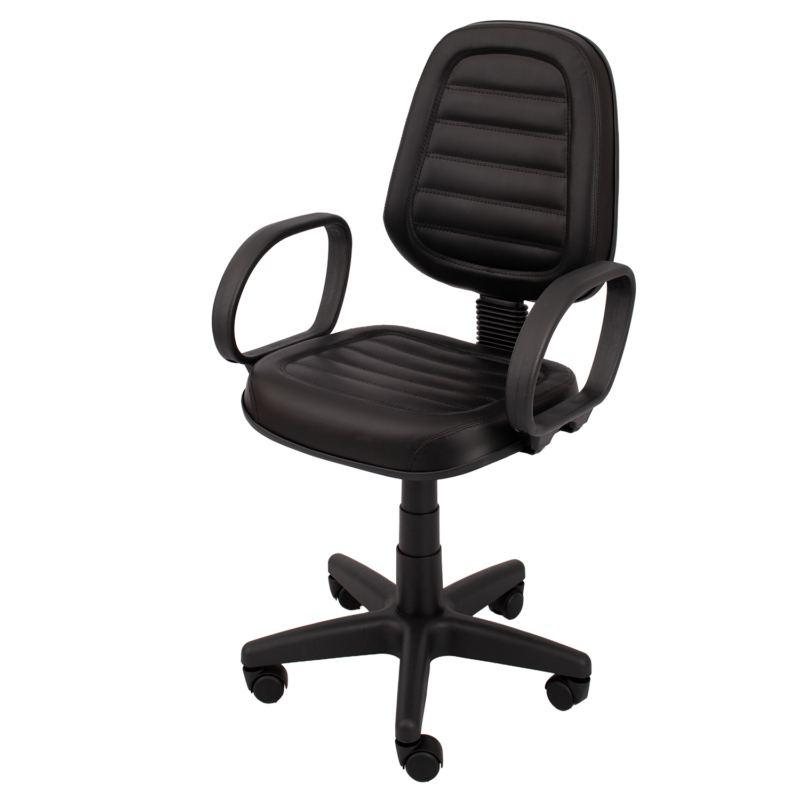 Cadeira Executiva Alta Costurada em perspectiva frontal oposta, com braços fixos Corsa e base giratória preta.