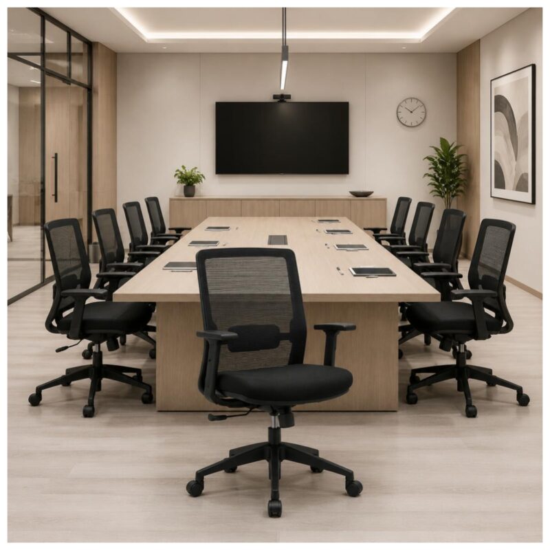 Cadeira de Escritório Ergonômica Vitalis em sala de reunião corporativa e ambiente de diretoria.