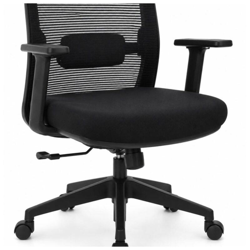 Close-up da coluna a gás e da base inferior da Cadeira Ergonômica Vitalis com acabamento preto.