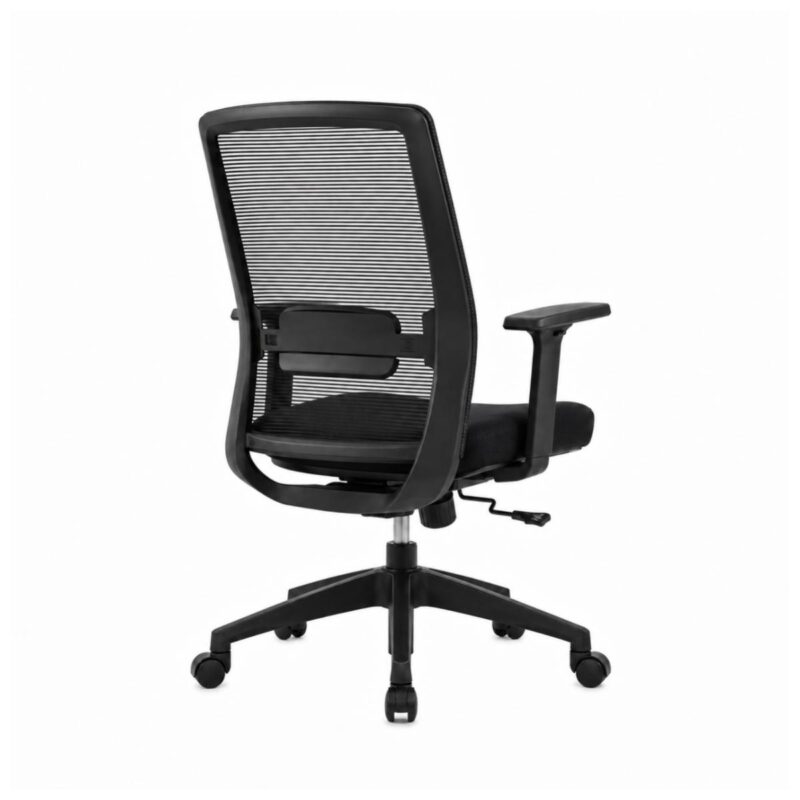 Cadeira de Escritório Ergonômica Vitalis em visão traseira de 45 graus, mostrando encosto, estrutura, base e rodízios.