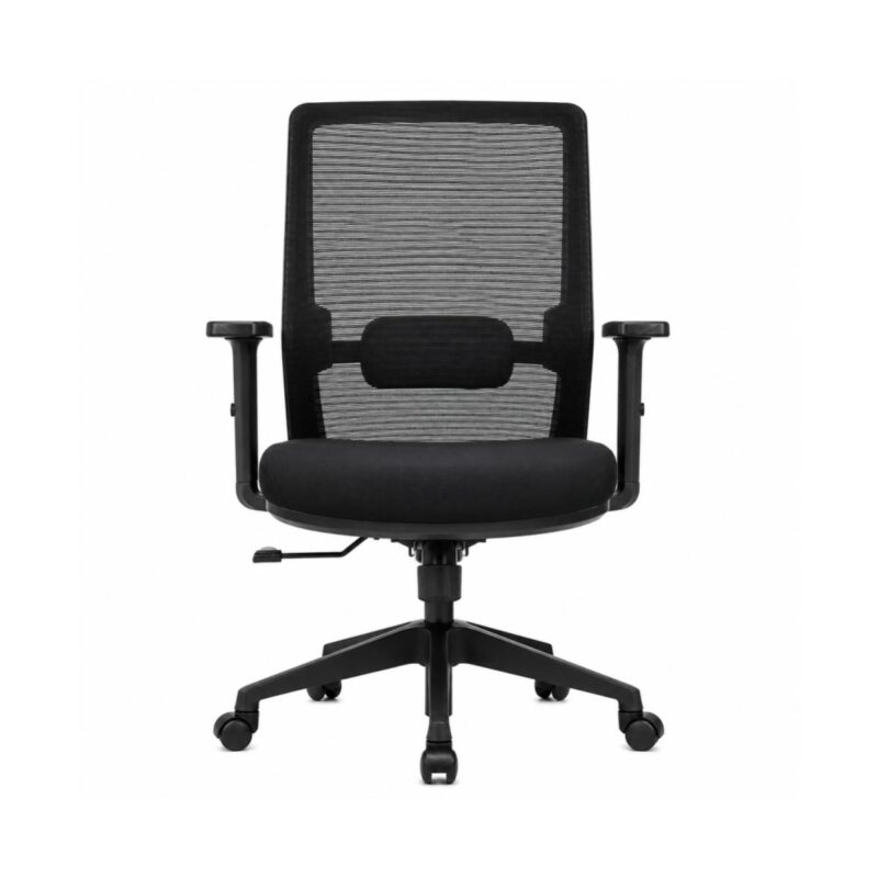 Cadeira de Escritório Ergonômica Vitalis em vista frontal, com encosto telado, suporte lombar e braços reguláveis aparentes.