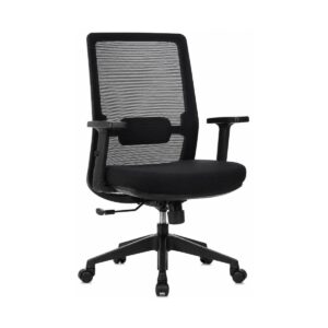 Cadeira de Escritório Ergonômica Vitalis preta em visão comercial, com encosto em tela, apoio lombar, braços reguláveis e base giratória.