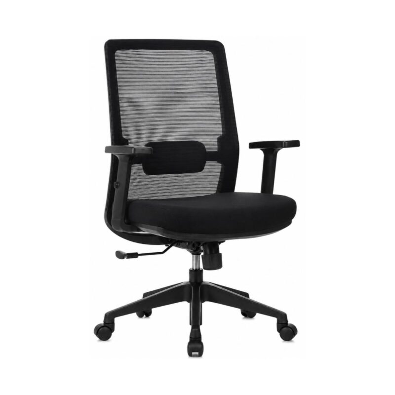 Cadeira Ergonômica Vitalis – Imagem Principal Cadeira de Escritório Ergonômica Vitalis preta em visão comercial, com encosto em tela, apoio lombar, braços reguláveis e base giratória.