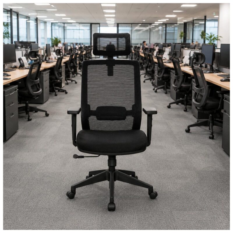 Ambientação da Cadeira Vitalis em sala de reunião corporativa, com mesa central, iluminação profissional e composição sóbria para encontros executivos e tomadas de decisão.