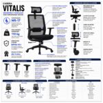 Ficha técnica da Cadeira Vitalis com recursos ergonômicos, capacidade de 110 quilos e componentes ajustáveis.