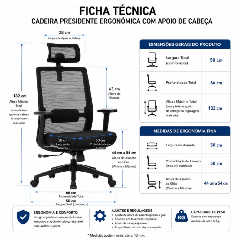 Diagrama de medidas da Cadeira Vitalis com 50 centímetros de largura, 66 de profundidade e até 132 de altura.