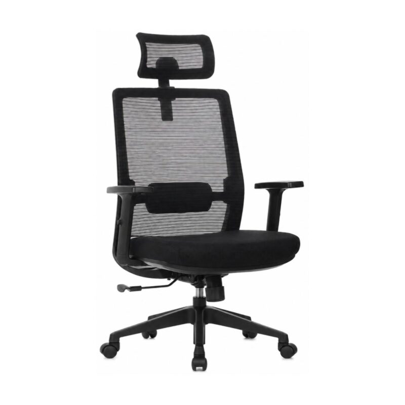 Cadeira de escritório Vitalis preta com encosto em tela mesh, apoio de cabeça, braços reguláveis e base com rodízios. Cadeira de escritório Vitalis preta com encosto em tela mesh, apoio de cabeça, braços reguláveis e base com rodízios.