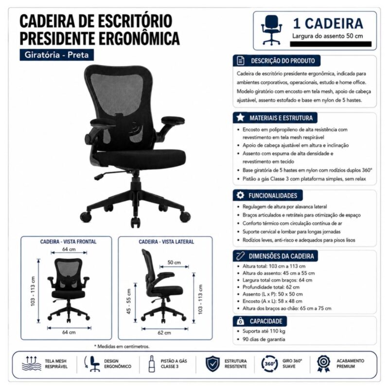 Cadeira de Escritório Cadeira de Escritório Presidente Ergonômica Giratória Preta