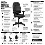 Ficha técnica da Cadeira Presidente Costurada Preta com medidas, mecanismo Relax, braços e base giratória