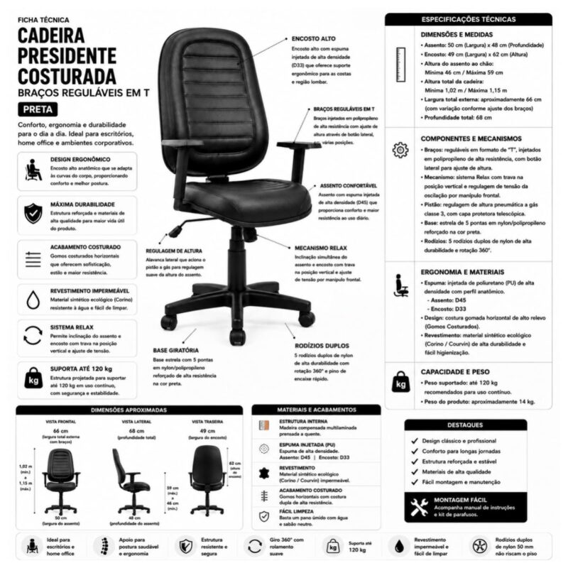 Ficha técnica da Cadeira Presidente Costurada Preta com medidas, mecanismo Relax, braços e base giratória