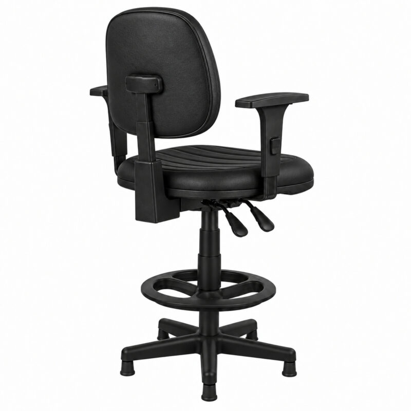 Cadeira caixa costurada ergonômica NR-17 com mecanismo Back System e base de cinco pontas, vista traseira esquerda.