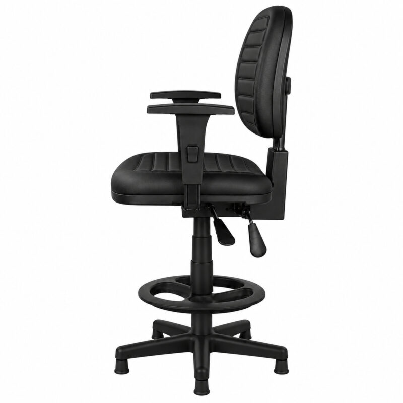 Vista lateral direita da cadeira caixa ergonômica NR-17 costurada com Back System e regulagem de altura.