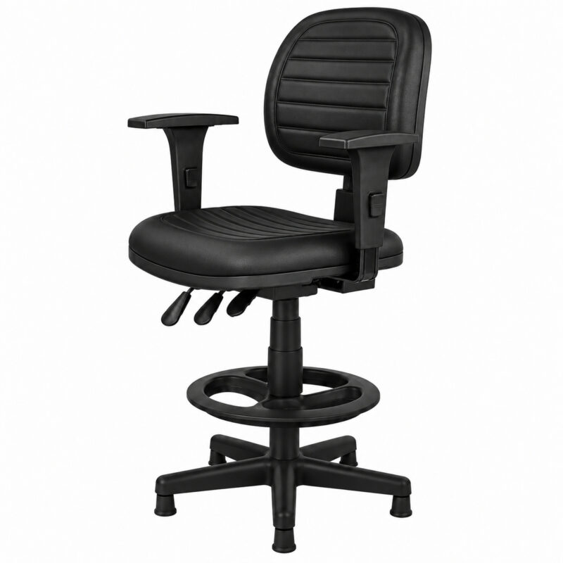 Cadeira caixa ergonômica NR-17 preta com estofamento costurado, Back System, braços e apoio para os pés, vista frontal direita.
