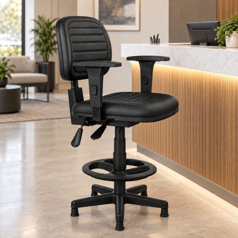 Cadeira caixa costurada ergonômica NR-17 com mecanismo Back System em balcão elevado de atendimento.