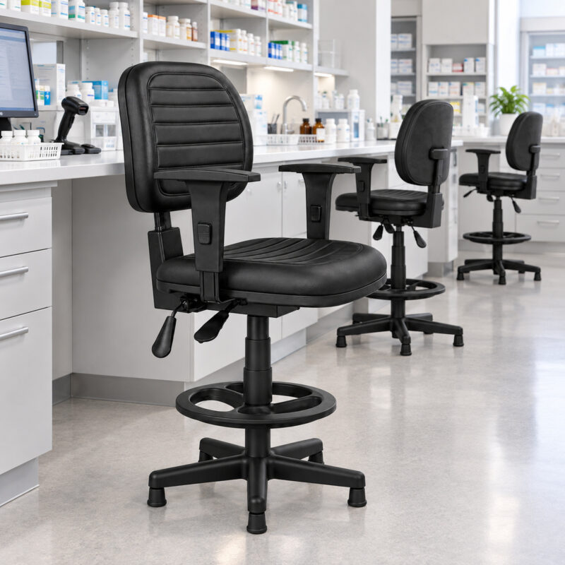 Cadeira caixa ergonômica NR-17 costurada com Back System utilizada em laboratório ou farmácia.